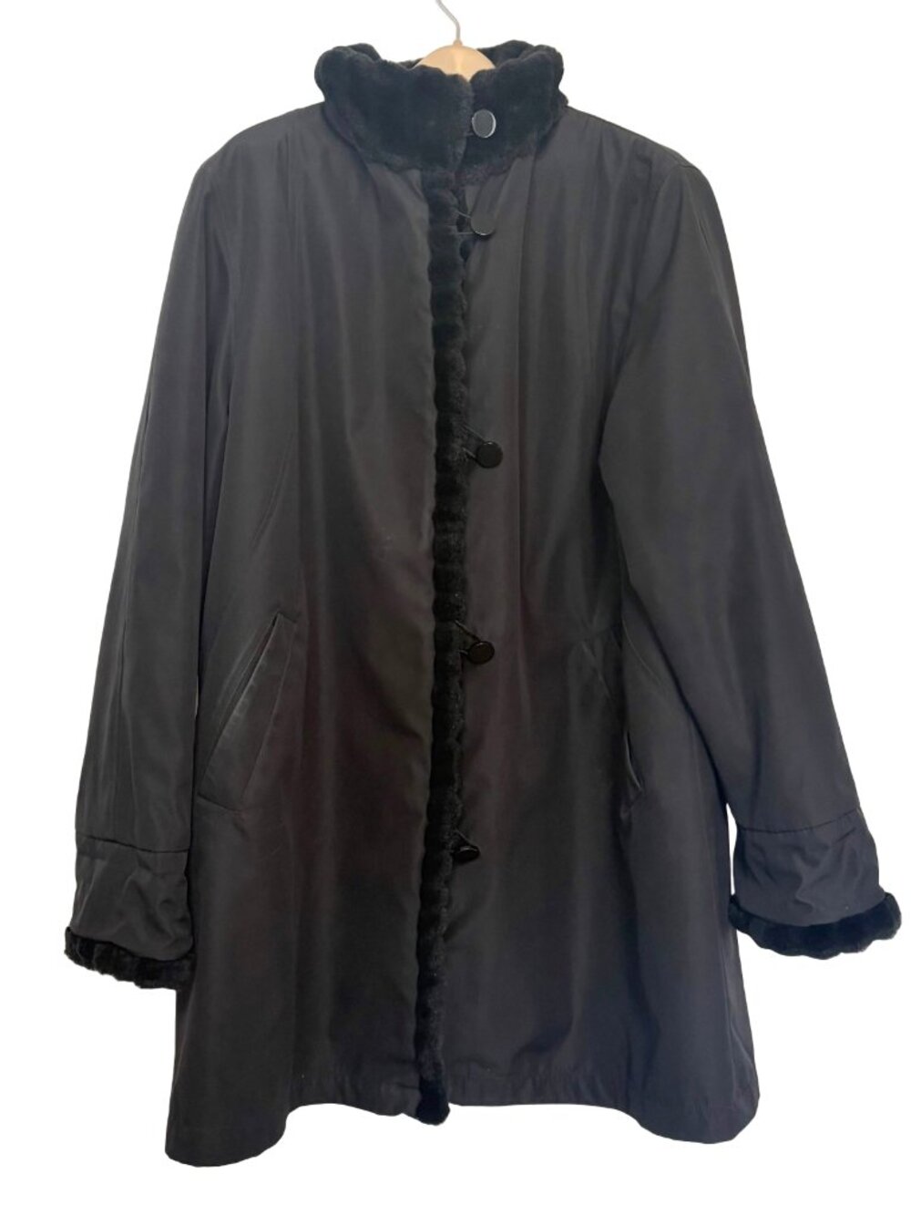 Vintage Fennelli Black Coat 90s Y2K Faux Fur Trim Size 14 Winter Overcoat